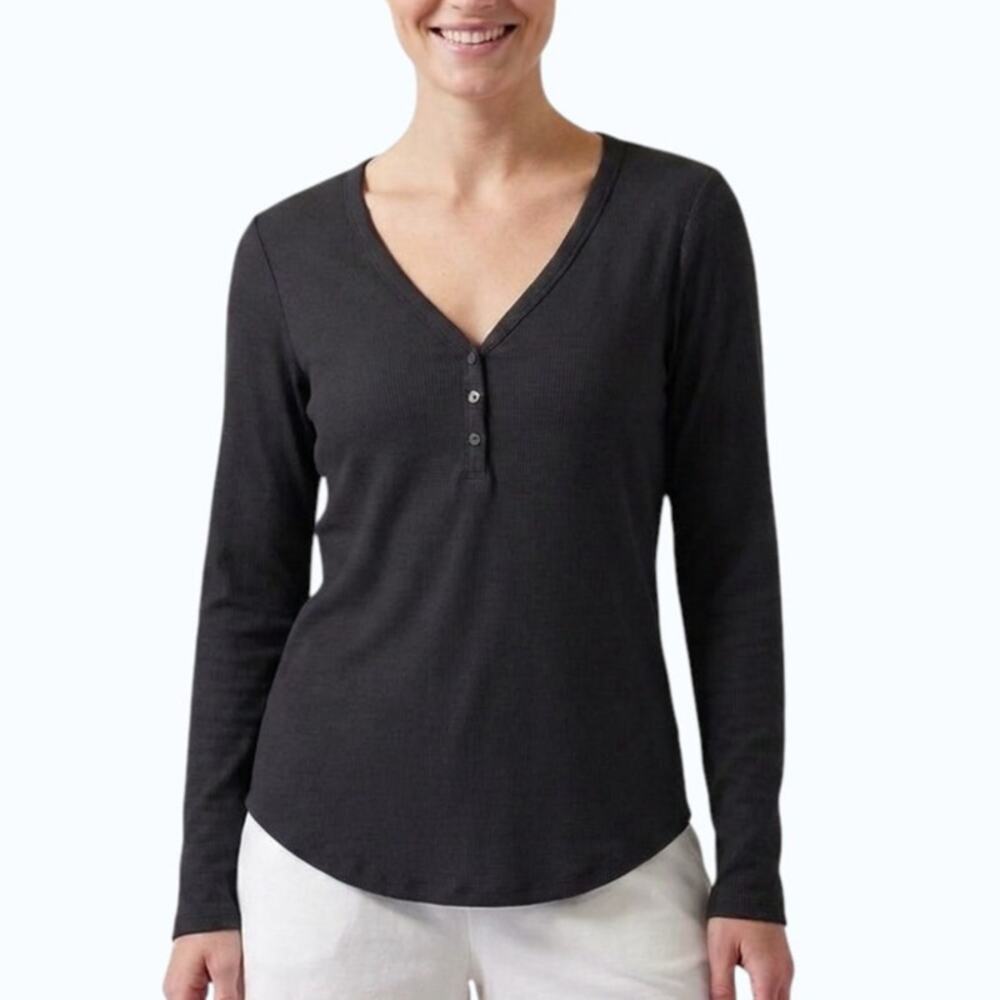 Athleta Wind Down Sleep Top Black Ribbed Henley Women Size L NWOT